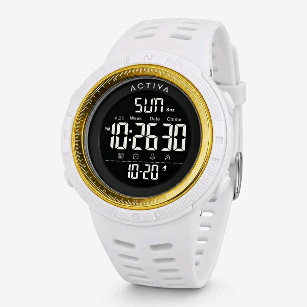 ACW1915-014 Activa Digital Sports Watch White Rubber Strap Gold Bezel 49mm